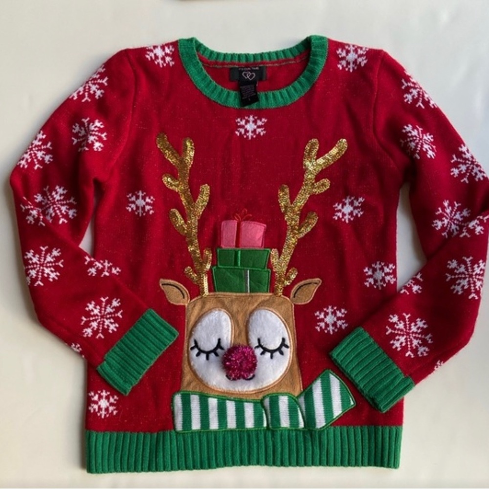 Girls 'It's Our Time' Red Reindeer Ugly Christmas Sweater Holiday sz large
